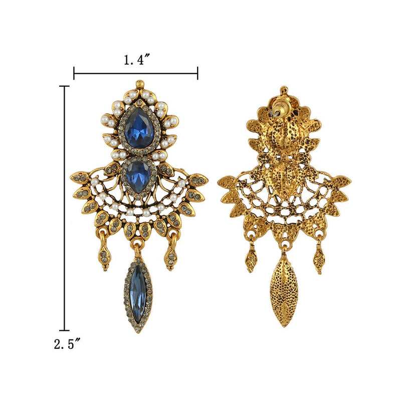 [Australia] - EleQueen Women's Antiqued-gold-tone Crystal Simulated Pearl Chandelier Art Deco Vintage Earrings Blue 