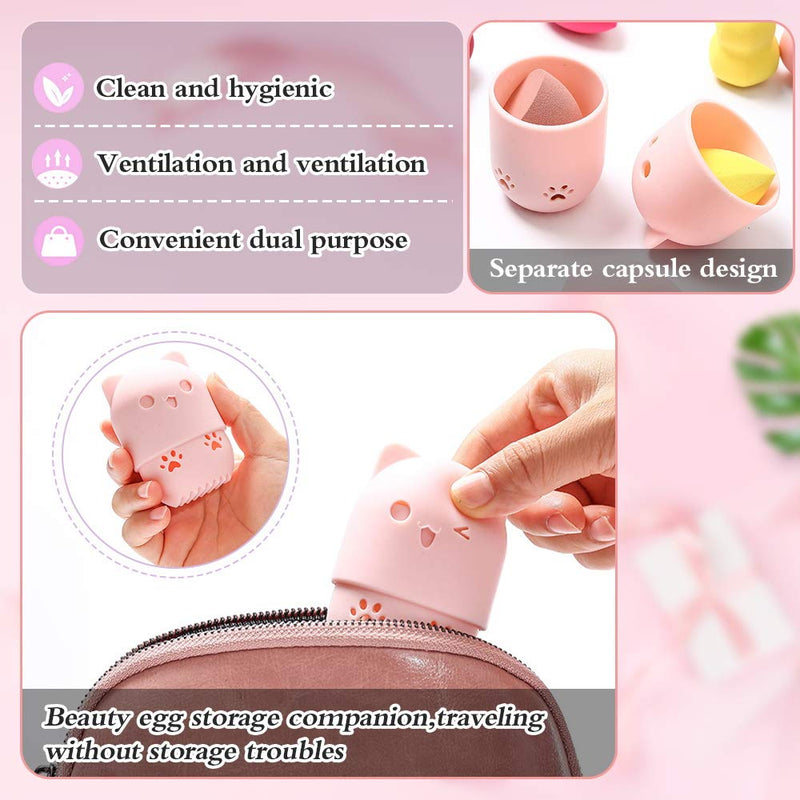 [Australia] - Ozazuco Beauty Sponge Blender Container/2 Beauty Sponge Travel Case and 2 Makeup Sponge Drying Holder/Cute Cat Silicone Makeup Sponge Travel Carrying Case/Beauty Sponge Holder Dry Rack Easy To Carry pink+purple 