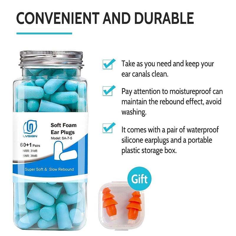 [Australia] - Lysian Ultra Soft Foam Earplugs 60 Pairs, 38dB SNR Ear Plugs for Sleeping, Travel, Shooting (Lake Blue) Lake Blue 