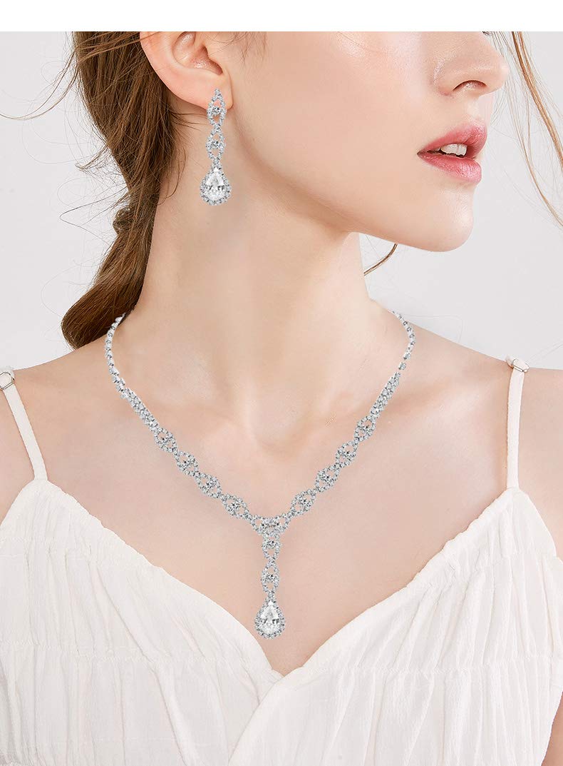 [Australia] - UDORA Crystal Necklace Earrings Jewelry Sets for Bridesmaid Bridal Wedding Party Silver 