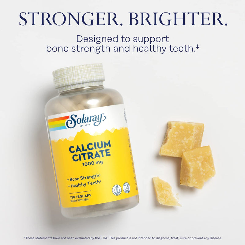 [Australia] - Solaray Calcium Citrate 1000mg, Chelated Calcium Supplement for Bone Strength, Healthy Teeth & Nerve, Muscle & Heart Function Support, Easy to Digest, 60-Day Guarantee, Vegan, 30 Servings, 120 VegCaps 120 Count (Pack of 1) 