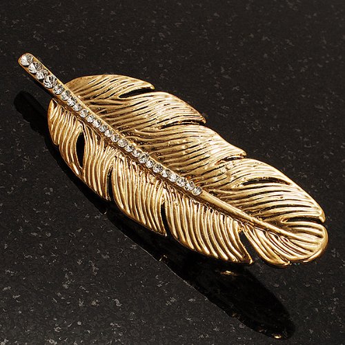 [Australia] - Avalaya Gold Tone Clear Crystal Feather Brooch 