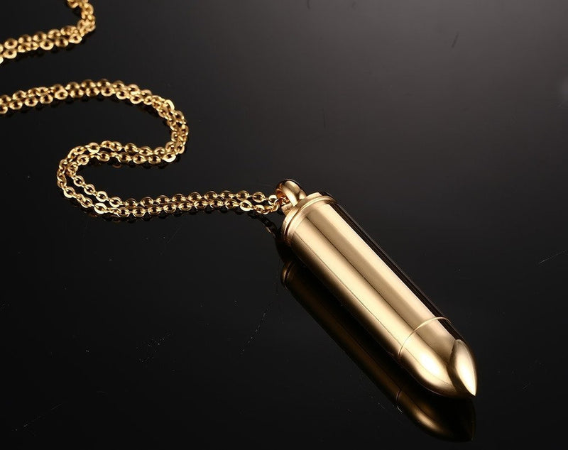 [Australia] - Stainless Steel Memorial Cremation Ash Urn Vial Tube Bullet Pendant Keepsake Necklace, Golden, Free Chain Gold 