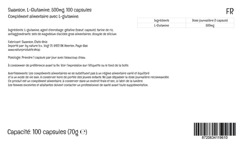 [Australia] - Swanson, L-Glutamine, 500mg, 100 Capsules, Amino Acid, High Dose, Lab-Tested, Soy Free, Gluten Free, Non-GMO 