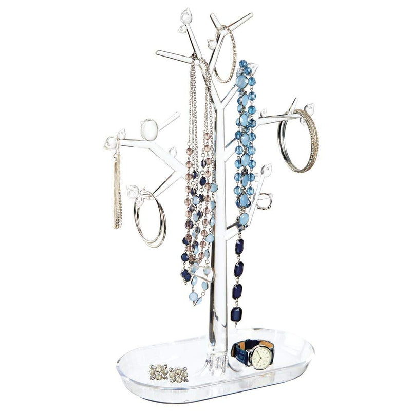 [Australia] - mDesign Decorative Plastic Fashion Jewelry Accessory Organizer Tower with Hooks and Storage Tray - Holds and Displays Necklaces, Chokers, Bracelets, Rings, Earrings - Tree Stand Design - Clear 