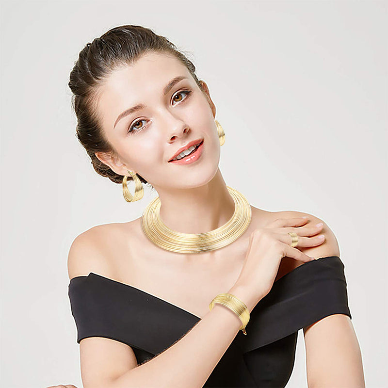 [Australia] - ORAZIO Bib Choker Statement Necklaces for Women Cuff Bracelet Open Hoop Stud Earrings Ring African Chunky Costume Jewelry Set A:Gold Tone 