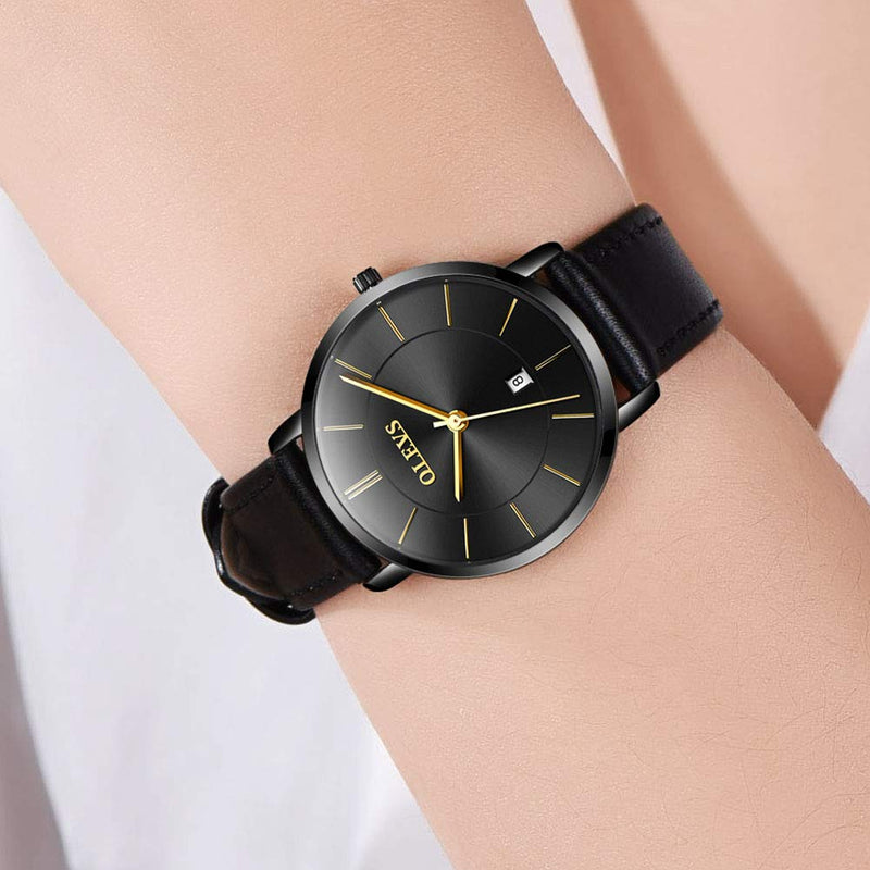 [Australia] - OLEVS Women Wrist Watches Ultra Thin 6.5mm Minimalist Dress Fashion Japanese Quartz Waterproof Date Day Leather Strap Slim Watches for Ladies Black Leather&Black Dial 