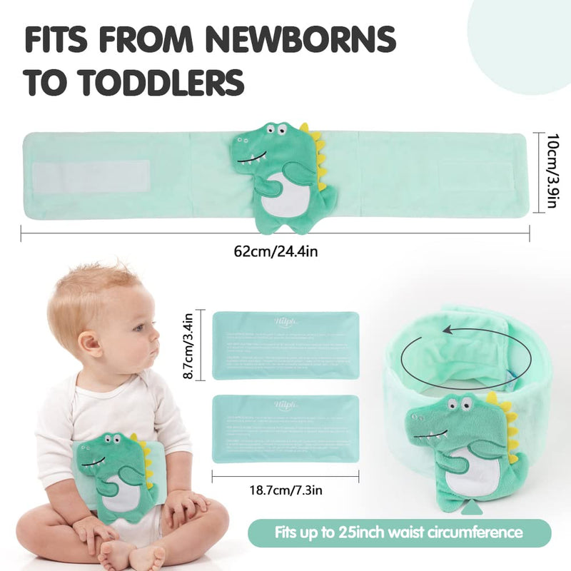 [Australia] - Hilph Infant Ice Pack Wrap for Baby Colic, Gas and Upset Stomach Relief, Heated Tummy Wrap with Gel Ice Pack, Natural Pain Relief for Upset Stomach in Kids and Toddlers - Green Dinosaur 