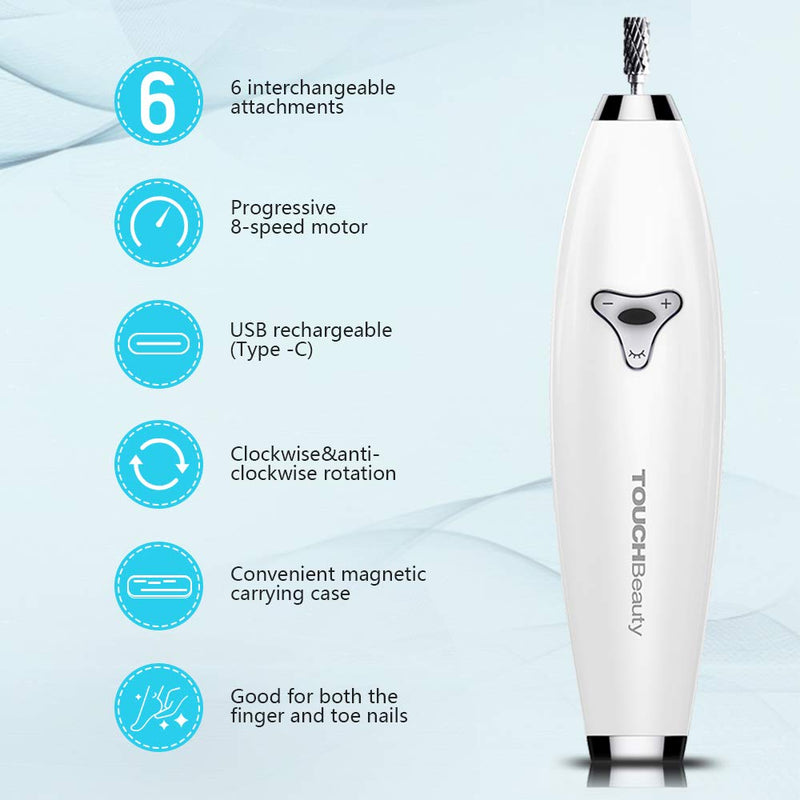 [Australia] - TOUCHBeauty Electric Nail File Drill Rechargeable 6in1 Manicure Pedicure set for Natural Acrylic Nails Long Press 5s Turn on, ±360° Dual-ways Rotation Travel Set 1733 