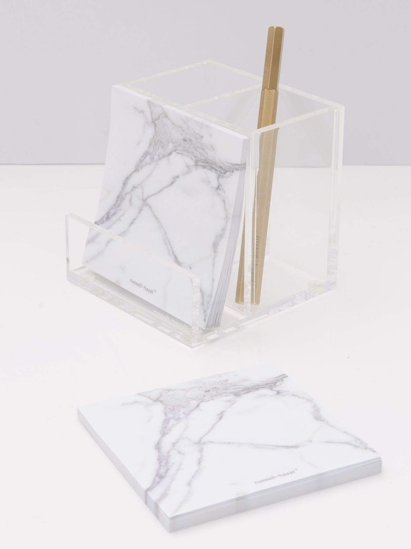[Australia] - russell+hazel Acrylic Pencil Bloc Two Compartment Pen Cup with Business Card Holder, Clear, 4” x 4” x 4” Dual Pen and Card Holder 