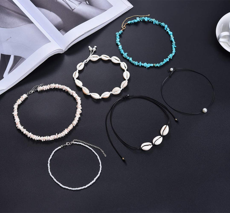 [Australia] - SHIWE 6PCS Bohemian Puka Shell Choker Necklaces for Women Girls Handmade Hawaii Beads Pearls Cowrie Shells Choker Necklace Beach Jewelry Set style1 