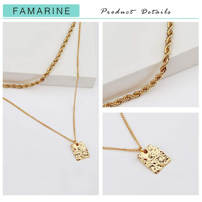 [Australia] - FAMARINE Gold Choker Layered Necklace for Women 4MM, Fashion Geometric Pandent 2 Layered Necklaces for Teen Girls Gift, 18K Gold Plated rope chain 