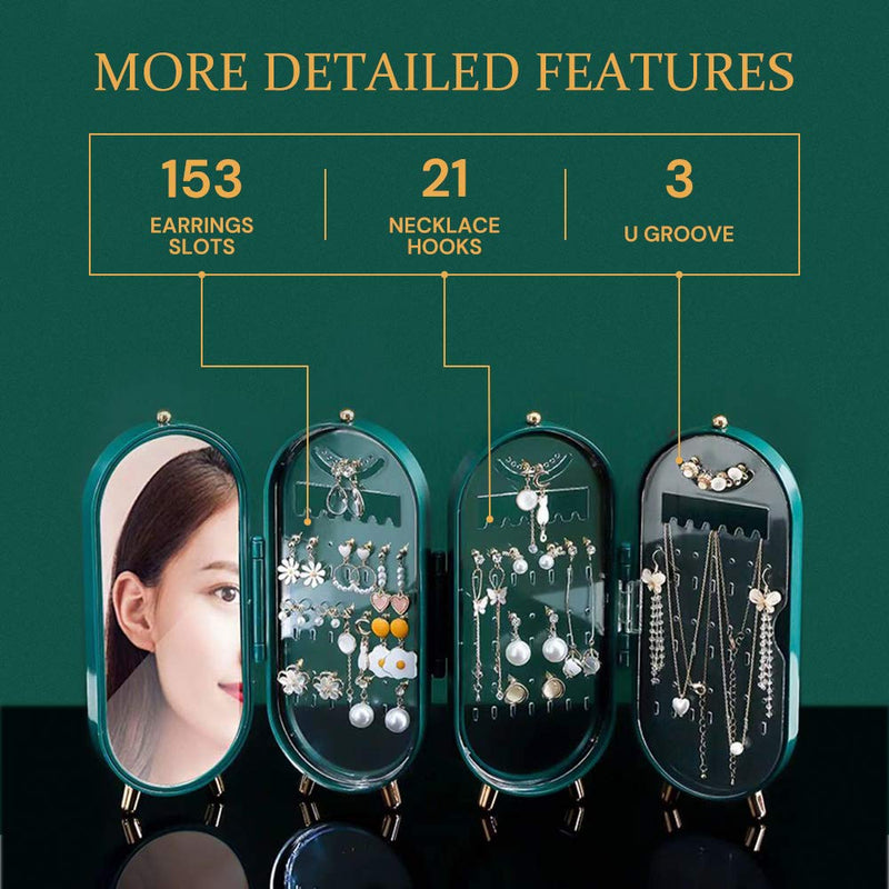 [Australia] - Jewelry Travel Case Small for Women, Hanging Necklace, Earrings, Rings Jewelry Storage Box 4 Doors Foldable Screen Necklace Display Rack, Jewelry Organizer for Earrings with Mirror (Green) Green 