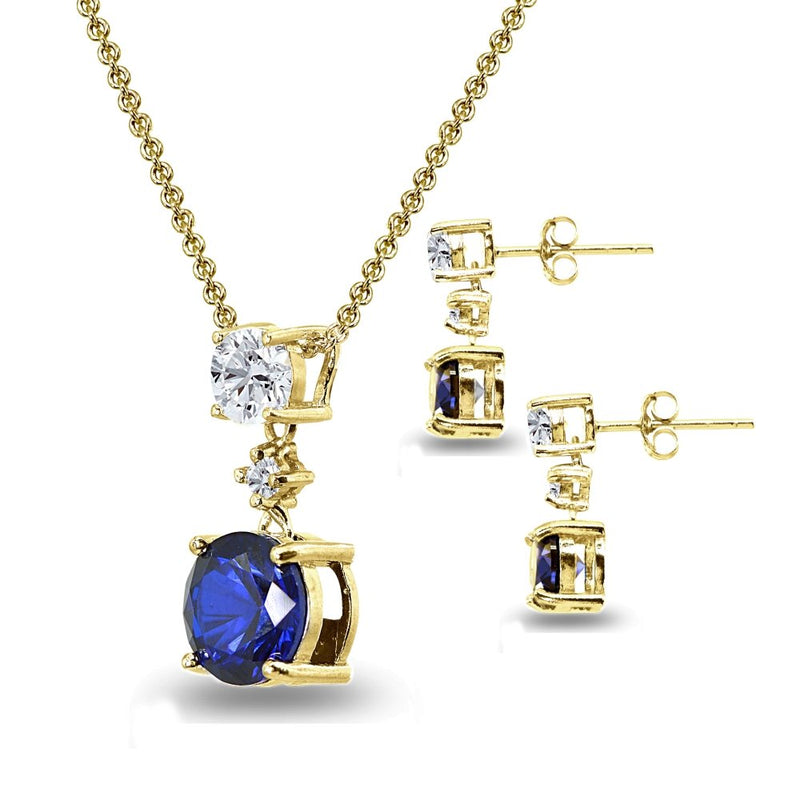 [Australia] - Sterling Silver Genuine, Created or Simulated Gemstone & White Topaz Round Three Stone Dangling Necklace & Stud Earrings Set Created Blue Sapphire - Yellow Gold Flashed 