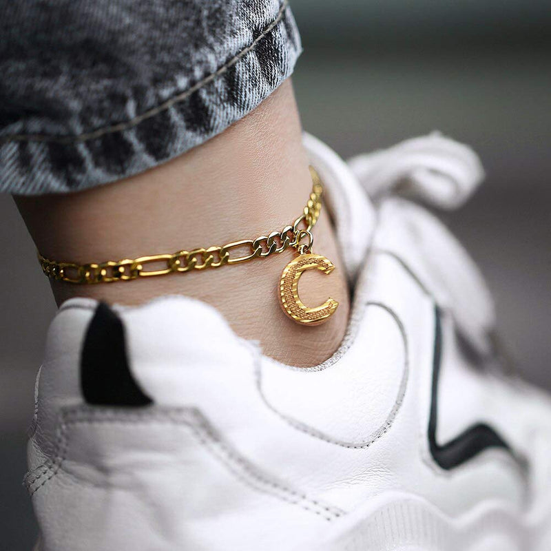[Australia] - GoldChic Jewelry Anklets with Initials, Personalized Waterproof 4.5MM Wide Resizable 18K Gold Plated Figaro Chain Initial Letter Ankle Bracelets for Women Summer Jewelry, 22-27cm Length N no personalization 