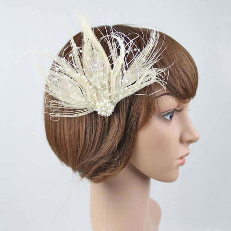 [Australia] - Song Qing Feather Hair Clip 1920s Flapper Fascinator Wedding Headwear Bridal Headpiece Beige 