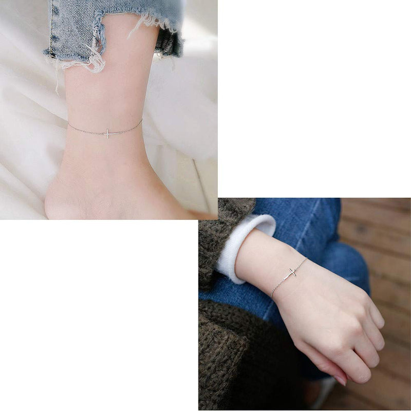 [Australia] - Cross Anklets for Women Teen Girls Men 925 Sterling Silver White Gold Plated Sideways Cross Adjustable Chain Classic Dainty Charm Foot Anklet Bracelet Baptism Birthday Gift Jewelry 