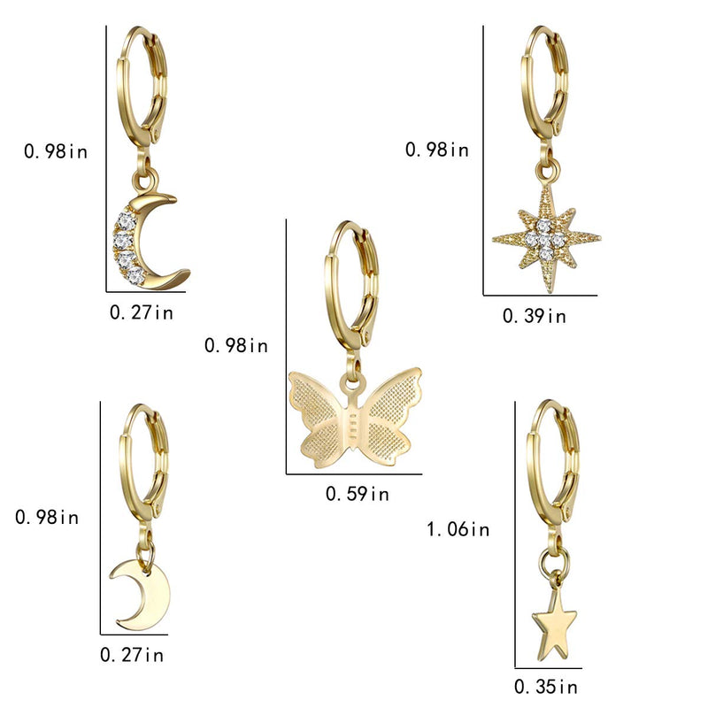 [Australia] - AIDSOTOU Small Butterfly Star Hoop Earrings Set for Women Girls Mini Huggie Hoop Earrings with Dangle Charms 8 Pairs Gold Silver 