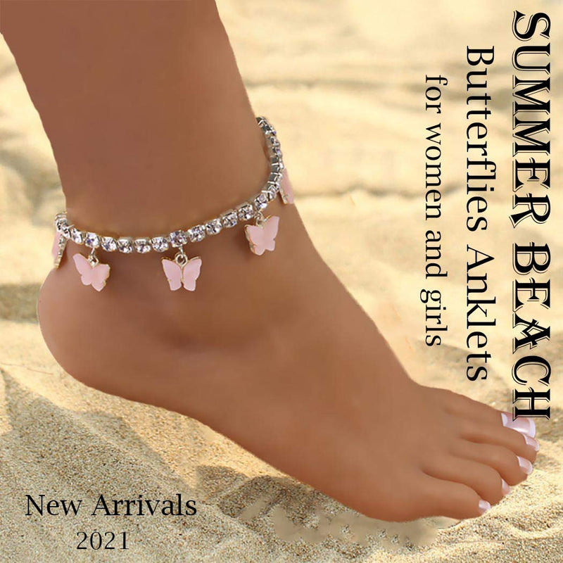 [Australia] - VFlowee Butterfly Crystal Anklets Silver Women Ankle Bracelets Butterflies Bracelet Sparkly Rhinestone Foot and Hand Chain Jewelry (Pink) 