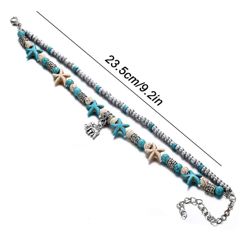 [Australia] - Brinote Boho Layered Beads Anklets Silver Starfish Ankle Bracelet Beach Turquoise Foot Chain Jewelry for Women and Girls (Elephant) Elephant 