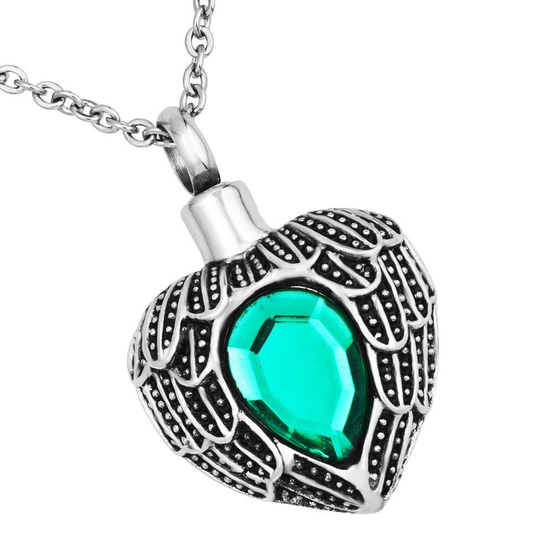 [Australia] - CLY Jewelry Urn Necklace for Ashes Love Heart with Angel Wings Colorful Crystal Birthstone Memorial Necklace You are in My Heart Cremation Jewelry Eternity Keepsake Wing And Green 