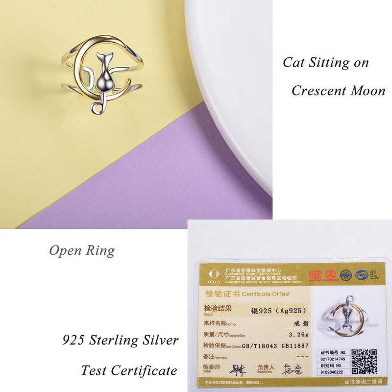 [Australia] - Women Cat Ring 925 Sterling Silver 18K Gold Plated Cat on the Moon Cute Wrap Ring Adjustable Crescent Moon Cat 