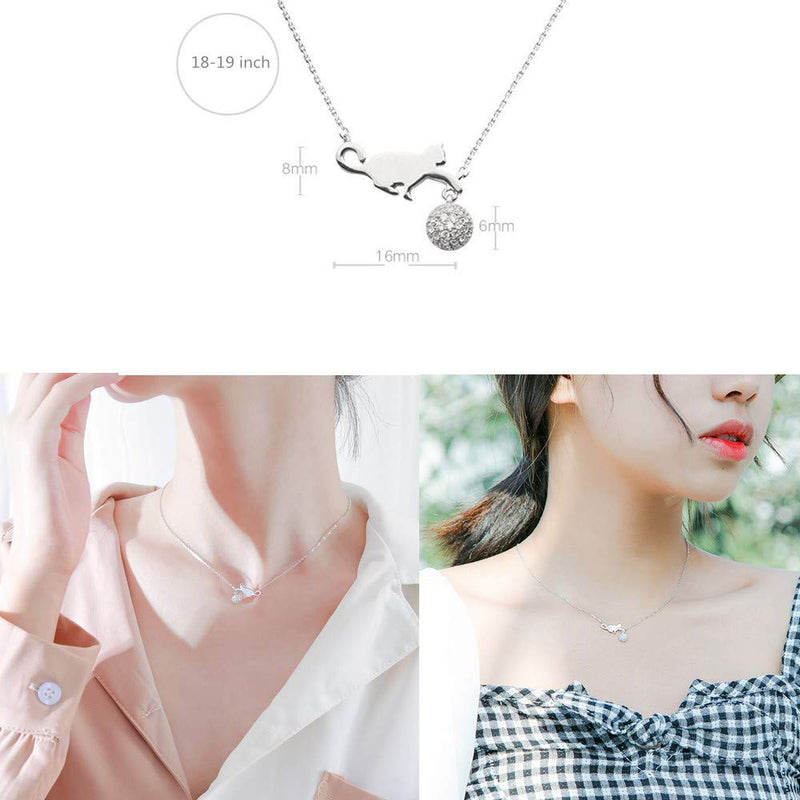 [Australia] - Cute Cat Necklace Crystal Ball Pendant Choker Necklace for Women Teens Baby Girls S925 Sterling Silver Small Polished CZ Diamond Cluster Charm Chain 18" Hypoallergenic Lovely Jewelry 