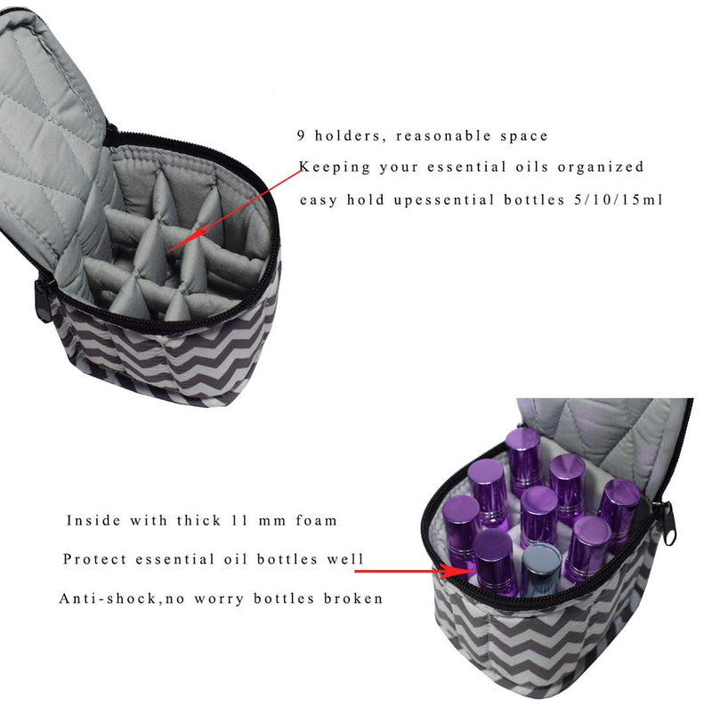 [Australia] - 9 Bottles Essential Oil Carrying Case Shockproof Essential Oils Organizer Travel Bag Suitable for 5ml,10ml,15ml Bottles or 10ml Roller Bottles with Portable Handle and Double Zipper (Chevron Grey) Chevron Grey 