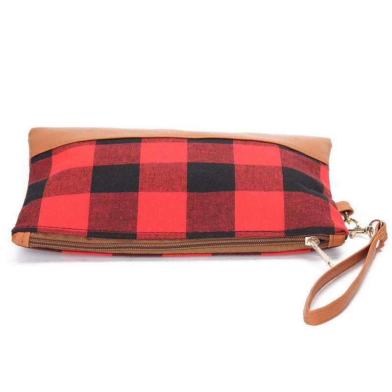 [Australia] - Buffalo Plaid Clutch Purse Makeup Bag For Women Cosmetic Bag Portable Checkered Handbag With Wrist Strap(Red&Black） Red&Black 
