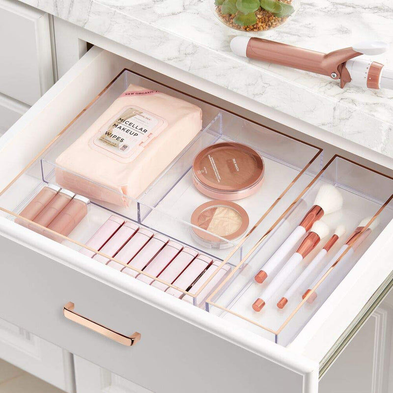 [Australia] - mDesign Wide Makeup Organizer for Bathroom Drawers, Vanity, Countertop - Storage Bins for Makeup Brushes, Eyeshadow Palettes, Lipstick, Lip Gloss, Blush, Concealers - 12" x 12" - Clear/Rose Gold 12 x 12 x 2 