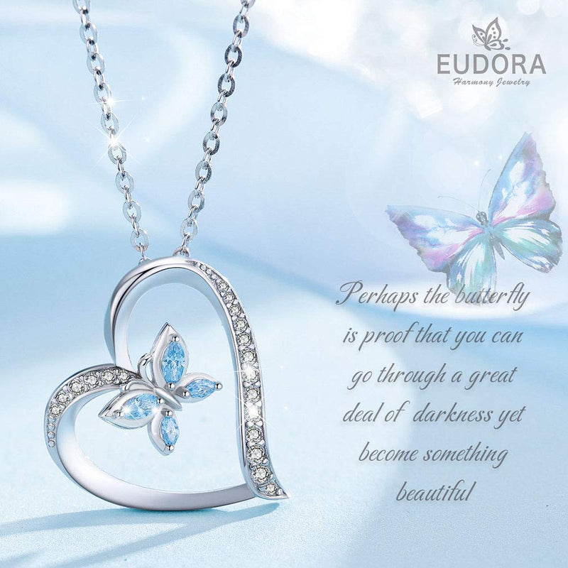 [Australia] - EUDORA Sterling Silver Butterfly Necklace for Women, Heart Shape Pendant with Blue Cubic Zirconia Butterfly for teen girls, 18" chain 