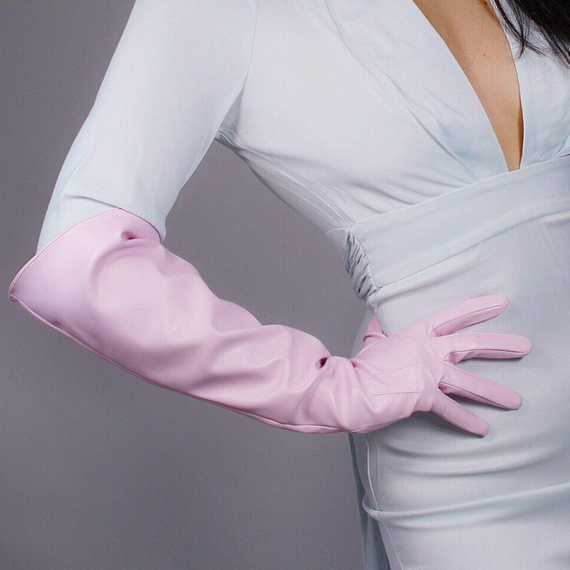 [Australia] - DooWay Women Fashion Gloves Faux Leather PU Baby Pink Cute Evening Cosplay Party Costume Accessories Finger Gloves Light Pink 50cm-wide Sleeves 