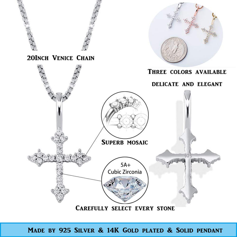 [Australia] - TOPGRILLZ 925 Sterling Silver 14K Gold Plated Small Cross Necklace Pendant for Girls Women Venice Chain Fashion Jewelry Gift White Plated 