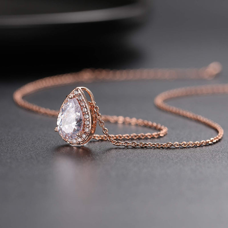 [Australia] - CZ Teardrop Necklace and Stud Earrings Set 14K White Gold Plated Wedding Jewelry for Bridal Rose Gold 