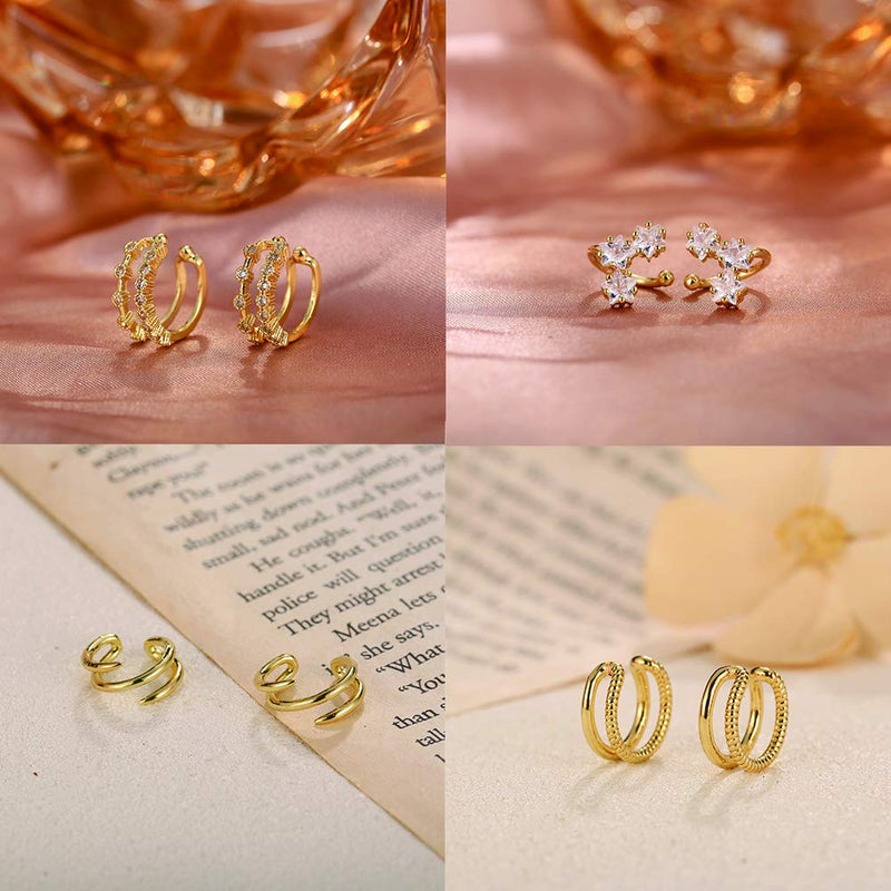 [Australia] - 8 Pairs Gold Ear Cuffs Set for Women Non Piercing Cuff Earrings Sparking Adjustable Helix Wrap Earrings Set Clip on Cartilage 