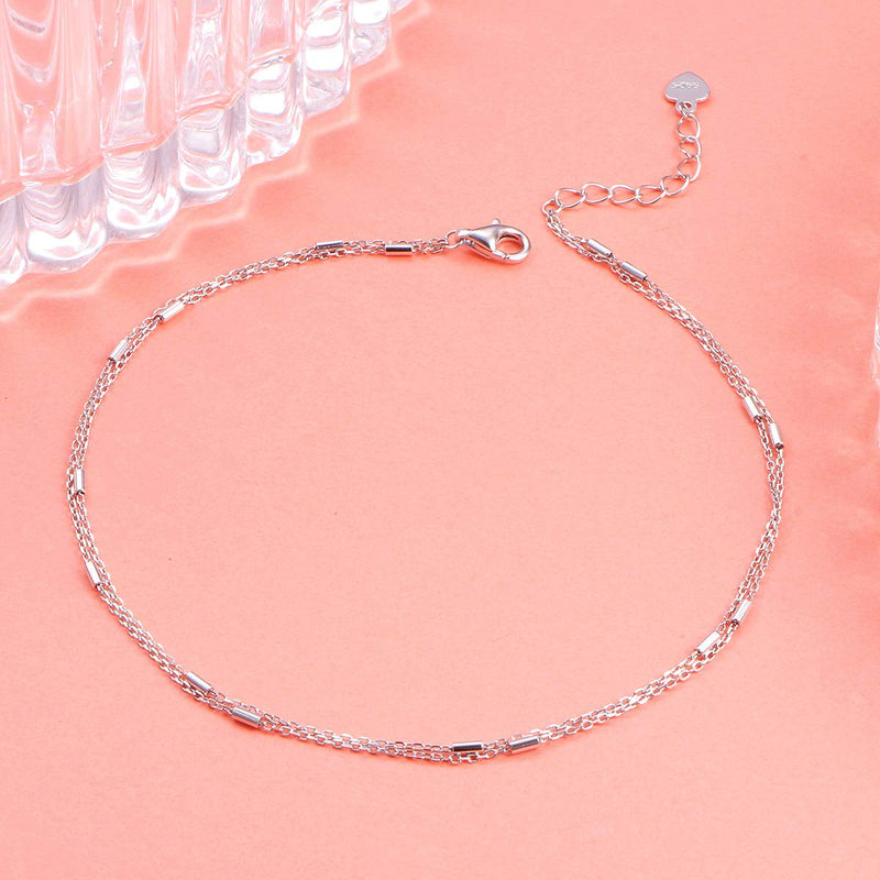 [Australia] - S925 Sterling Silver Dainty Layered Bar Anklet for Women Teen Girls Double Chain Adjustable Beach Foot Simple Ankle Bracelet Anklets, 9 10 11 Inches 10+1 