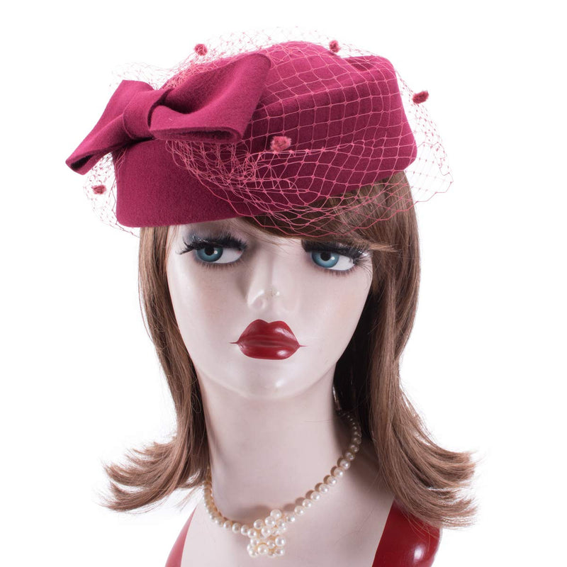 [Australia] - Lawliet Womens Dress Fascinator Wool Felt Pillbox Hat Party Wedding Bow Veil A080 Wine 