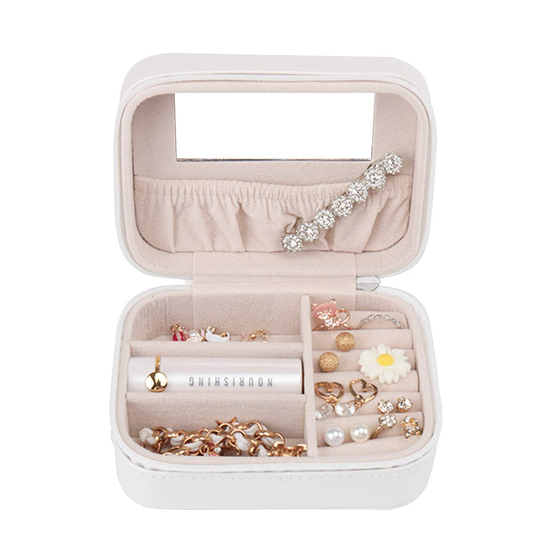 [Australia] - Botanka Mirror Jewelry Case, Portable Zipper Jewelry Organizer, Travel Small Storage Box ( White) 