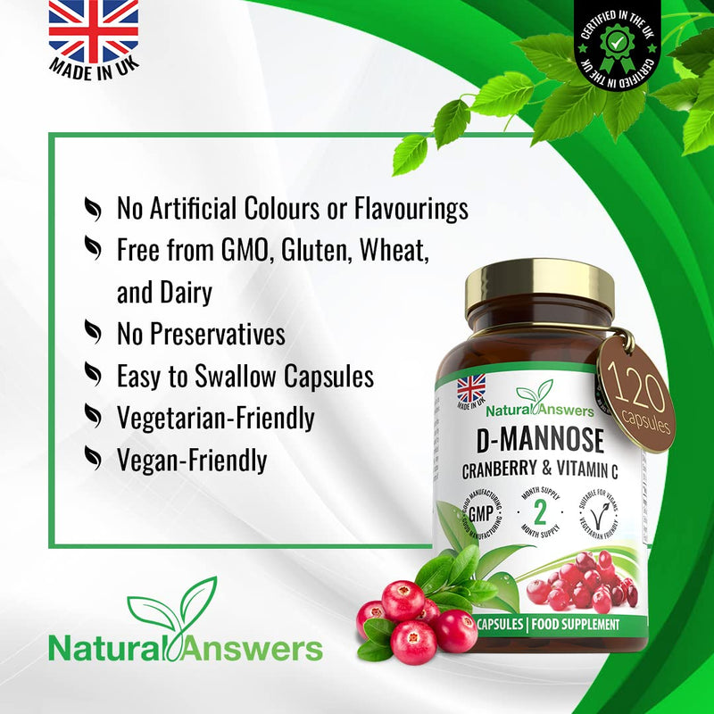 [Australia] - 120 D-Mannose Capsules with Vitamin C and Cranberry Extract - (2 Months Supply) 50:1 Cranberry Extract Immune Support Vegan Food Supplements - UK Manufactured 