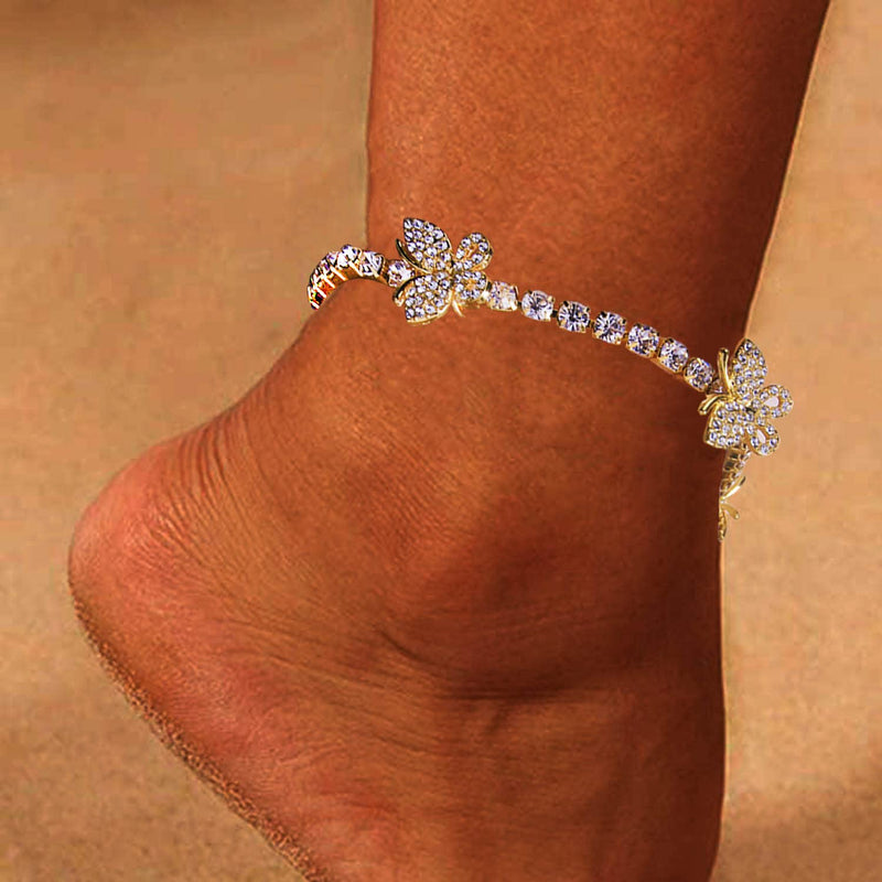 [Australia] - Tennis Chain Butterfly Anklet Bracelet Cubic Zirconia Beach Chain Anklet Golds Silvery Rhinestone Jewelry For women and girls Gold 
