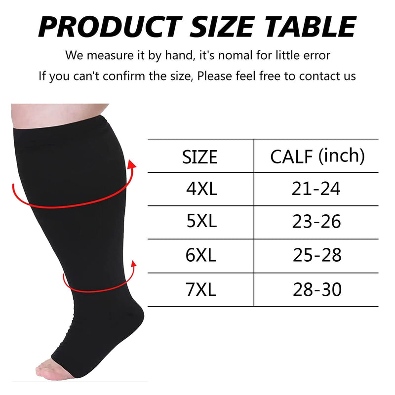 [Australia] - Plus Size Compression Socks Wide Calf Compression Socks for Women Men Medias de Compresion para Mujer Circulation Support 20-30 mmHg Knee High Medical Pro Toeless Open Toe Compression Socks Women Men Black 4X-Large 