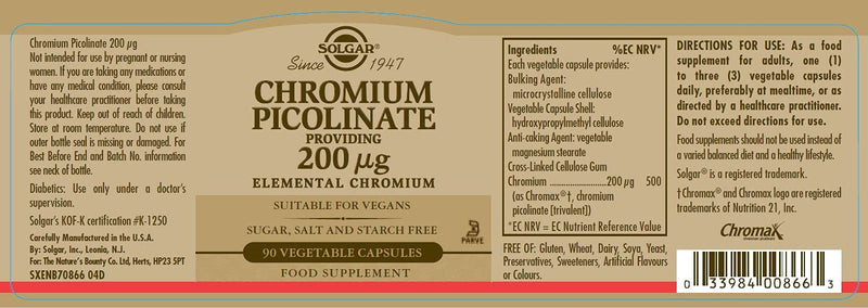 [Australia] - Solgar Chromium Picolinate 200 �g Vegetable Capsules - Pack of 90 - High Absorption Rate - Supports a Healthy Metabolism and Blood Glucose Level - Vegan and Gluten Free Gold 