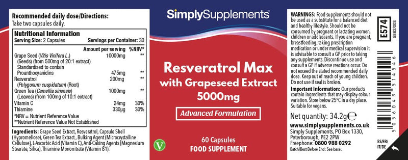 [Australia] - Resveratrol Capsules with Grapeseed Extract 5000mg | Vegan & Vegetarian Friendly | 60 Capsules = 1 Month Supply | Manufactured in The UK 