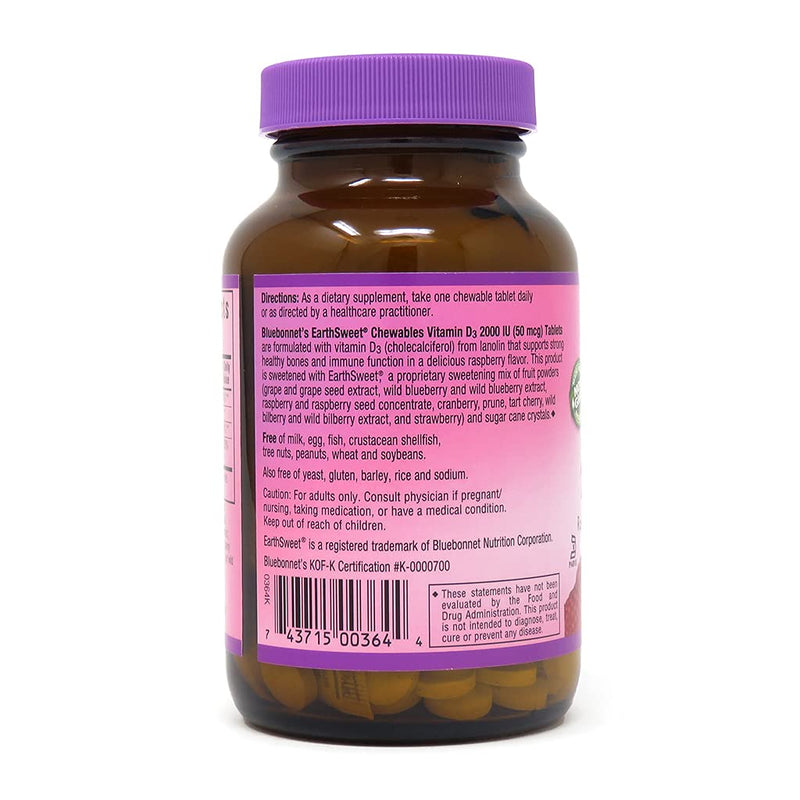 [Australia] - Bluebonnet Nutrition Earth Sweet Vitamin D3 2000 IU Chewable Tablets, Aids in Muscle and Skeletal Growth, D3, Non GMO, Gluten, Free, Soy Free, Milk Free, Kosher, 90 Chewable Tablets, Raspberry Flavor 