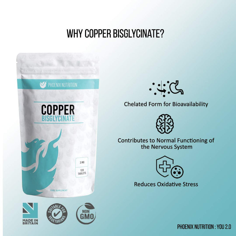 [Australia] - Copper Bisglycinate 3mg x 120 Tablets (Bioavailable Chelated Form) by Phoenix Nutrition 