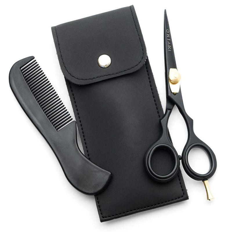 [Australia] - ONTAKI Beard Moustache Scissors 5.5" Professional Japanese Steel Comb, Carrying Pouch Beard Mustache Trimming Hand Forged Bevel Edge Precision Men Facial Hair Grooming Kit Body Facial Hair Black Gold 5.5" Black 