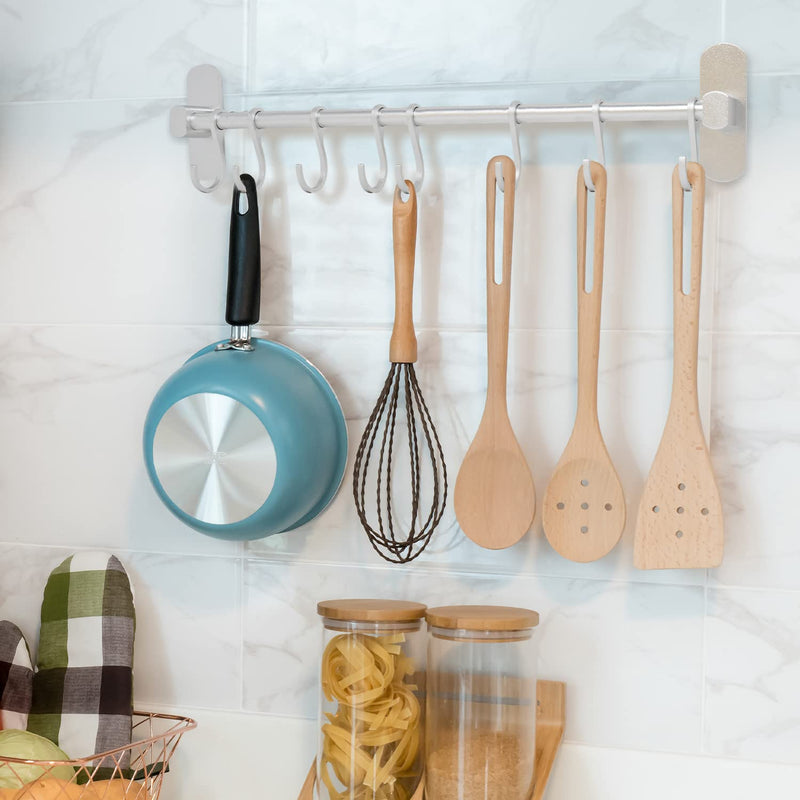 [Australia] - Joejis Kitchen Utensil Rack 40cm - Aluminium Kitchen Rail with 8 Hanging Hooks - Wall Mount Strong 3M Self Adhesive - No Drill Space-Saving Tool Holder - Silver 