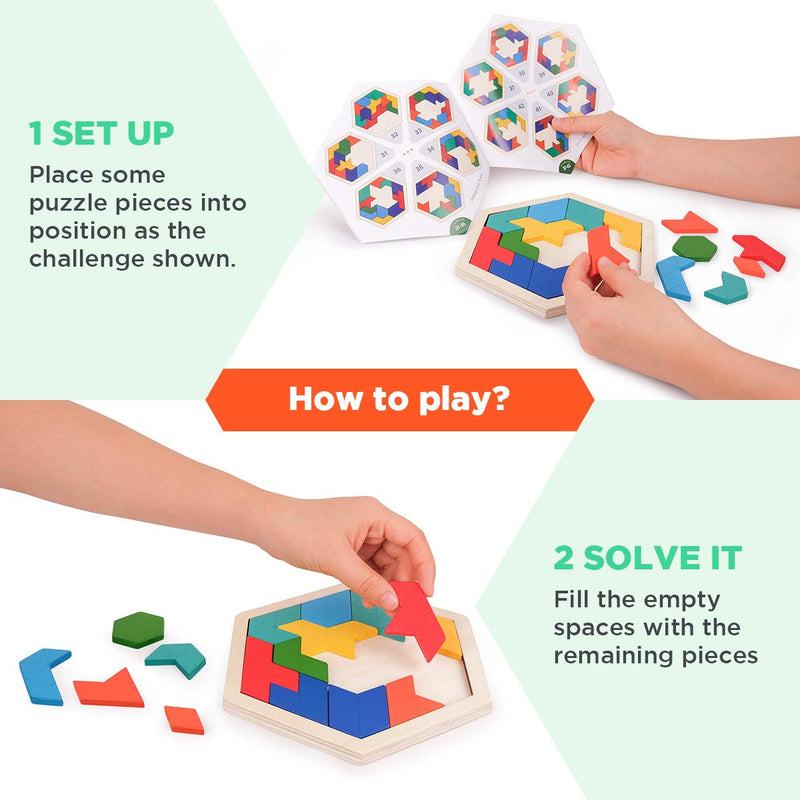 [Australia] - Coogam Wooden Kids Puzzle - Hexagon Shape Pattern Tetris Block Tangram Logic IQ Game STEM Montessori Brain Teaser Toy Gift for Teenagers 