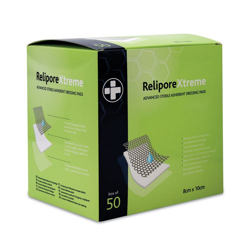 [Australia] - Reliance Medical Sterile Relipore Xtreme Adhesive Dressing Pads, 10 cm Length x 8 cm Width Box of 50 Xtreme Adhesive Dressing Pads 10 x 8cm - Box of 50 