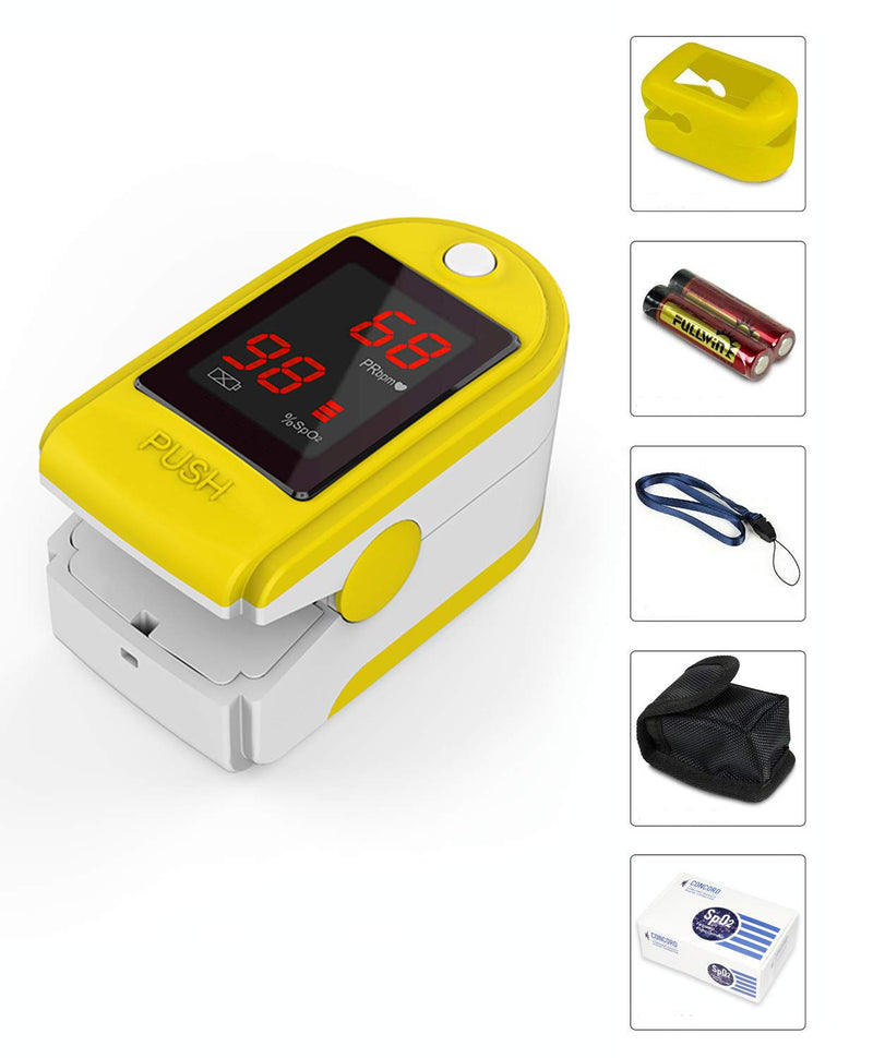 [Australia] - Concord Basics Yellow Fingertip Pulse Oximeter Blood Oxygen Saturation Monitor with Carrying Case, Batteries, Silicone Cover and Lanyard 